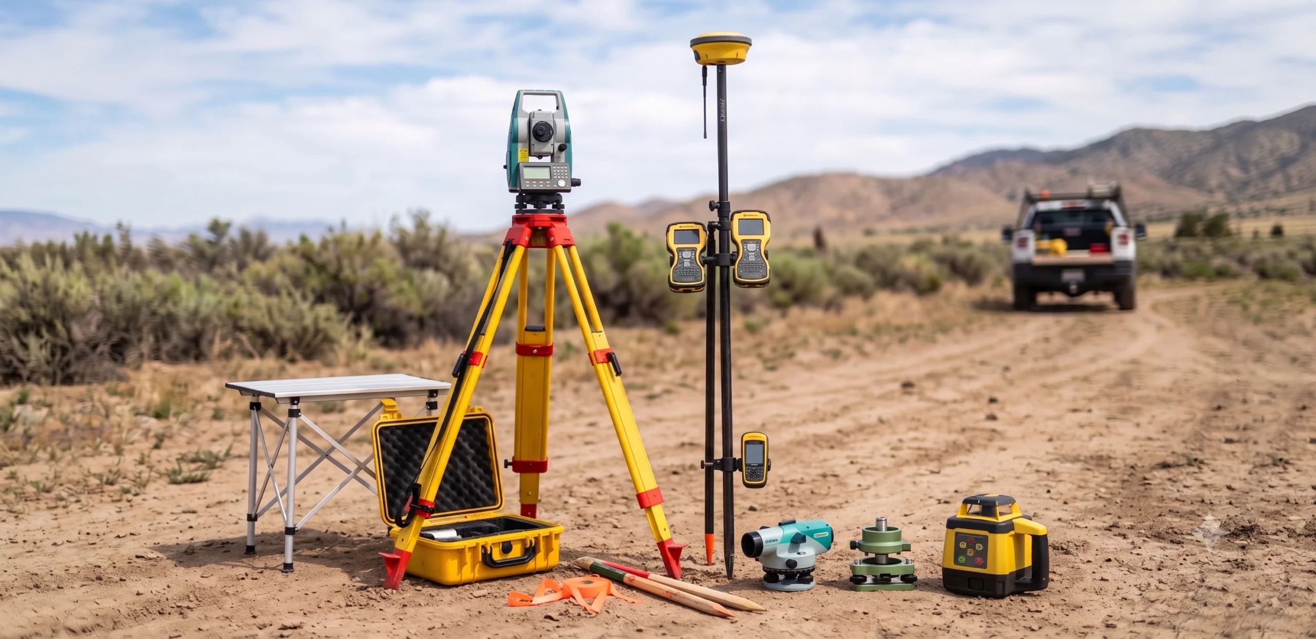 Advanced surveying equipment on a construction site for land measurement