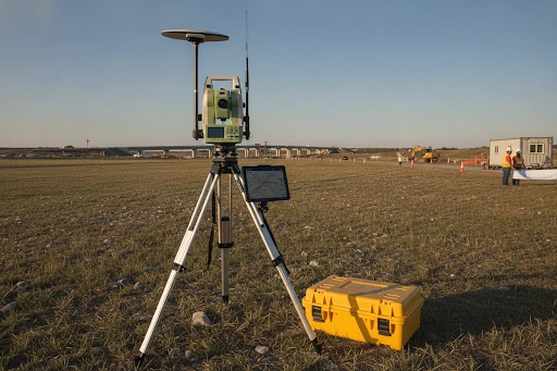 Construction layout survey with Total Station equipment on a project site